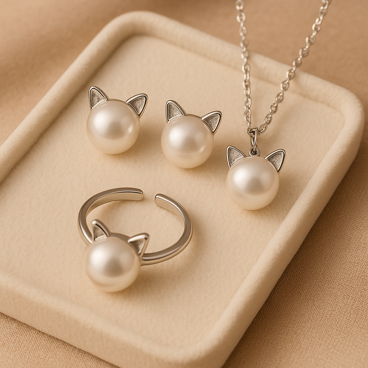 Emily & Isabella Brooks | Pearl Cat Necklace with Earrings and Ring