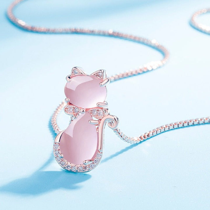 Emily & Isabella Brooks | Pink Stone Cat Necklace with Zircon
