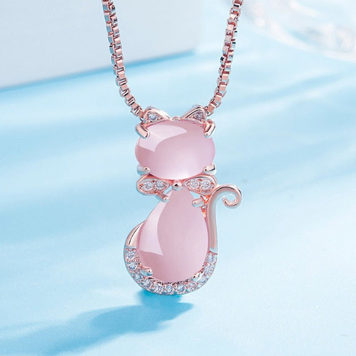 Emily & Isabella Brooks | Pink Stone Cat Necklace with Zircon