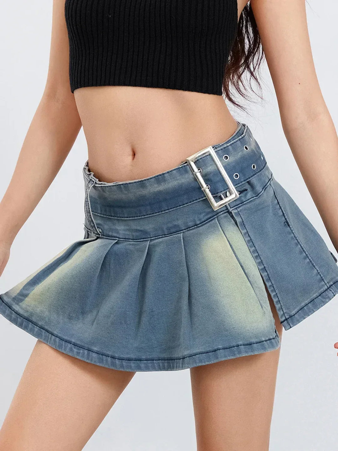 Emily & Isabella Brooks | Belted Pleated Denim Skirt