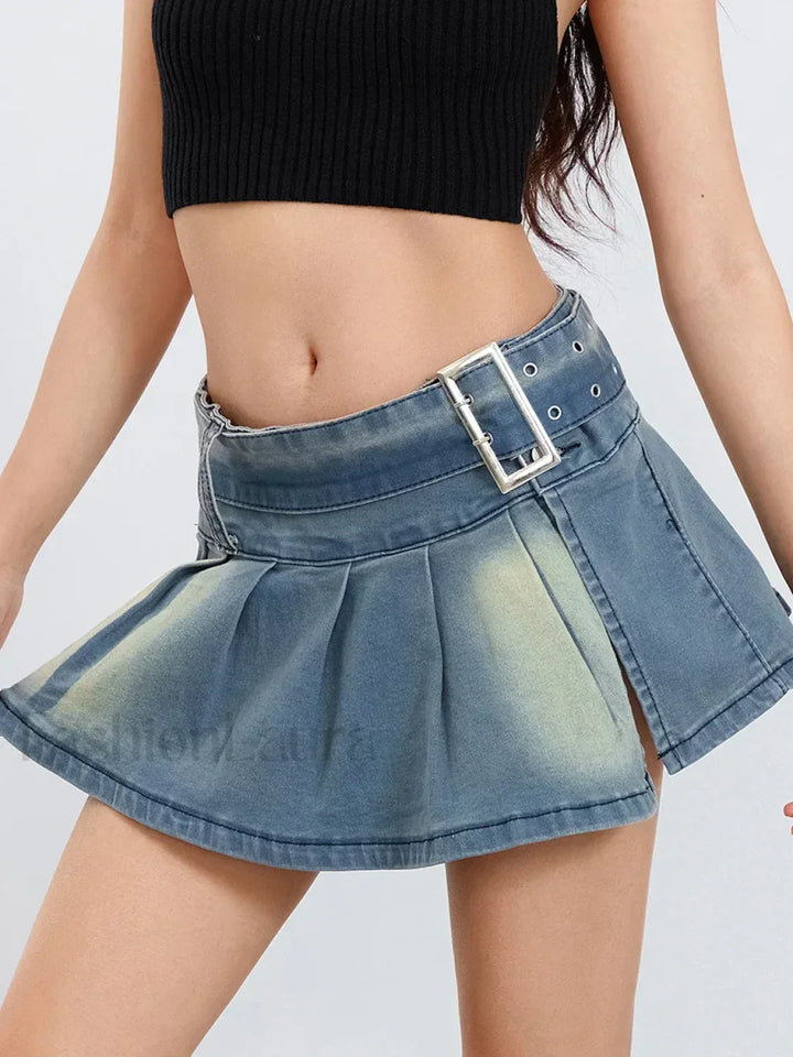 Emily & Isabella Brooks | Belted Pleated Denim Skirt