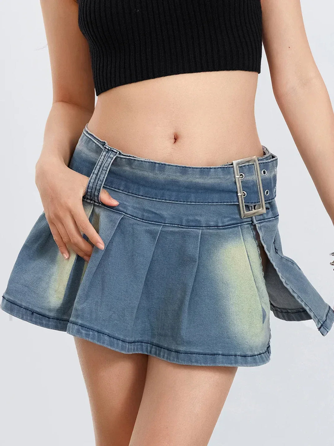 Emily & Isabella Brooks | Belted Pleated Denim Skirt