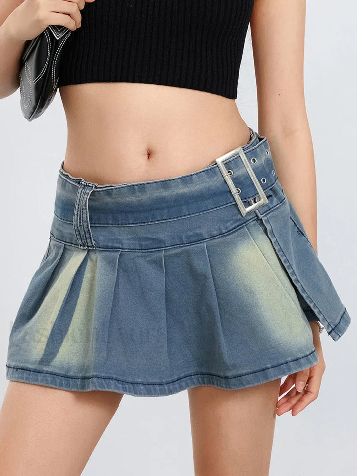 Emily & Isabella Brooks | Belted Pleated Denim Skirt