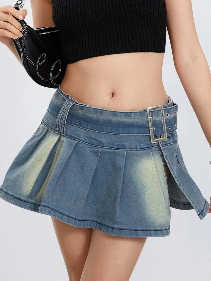 Emily & Isabella Brooks | Belted Pleated Denim Skirt