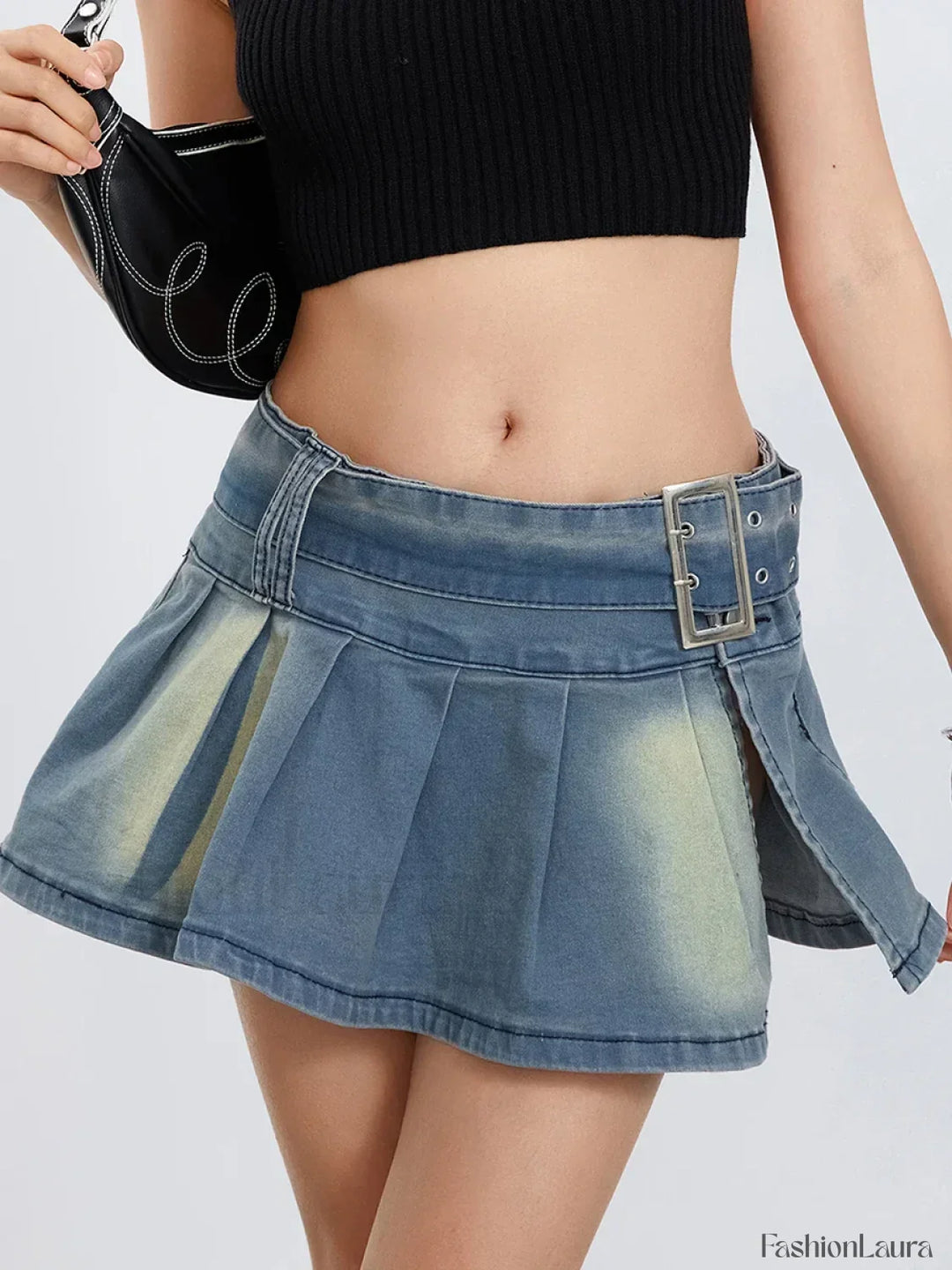 Emily & Isabella Brooks | Belted Pleated Denim Skirt