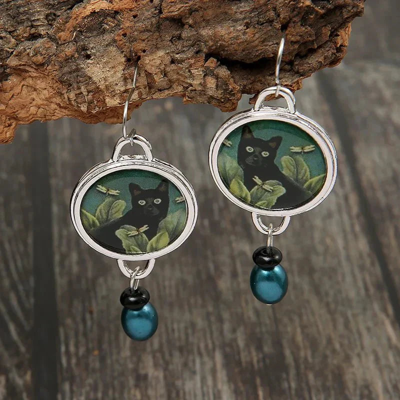 Emily & Isabella Brooks | Tropical Black Cat Dangle Earrings