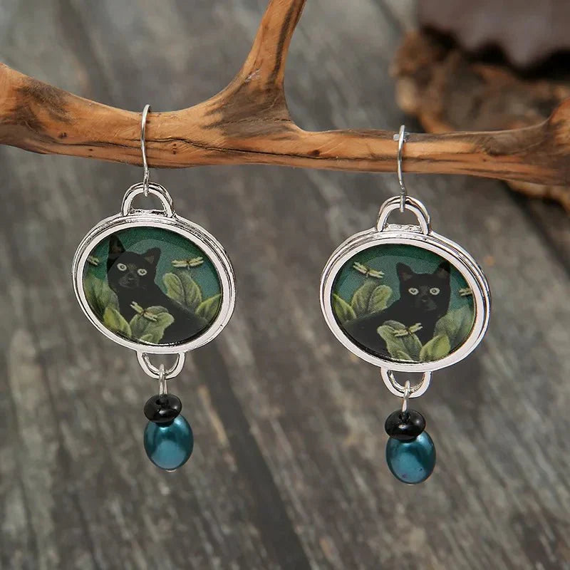 Emily & Isabella Brooks | Tropical Black Cat Dangle Earrings