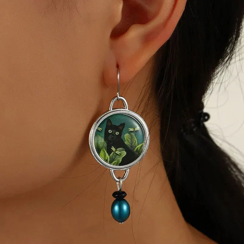 Emily & Isabella Brooks | Tropical Black Cat Dangle Earrings