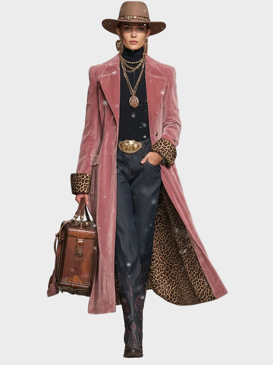 Emily & Isabella Brooks | Velvet Single-Breasted Coat with Lapel and Leopard Print
