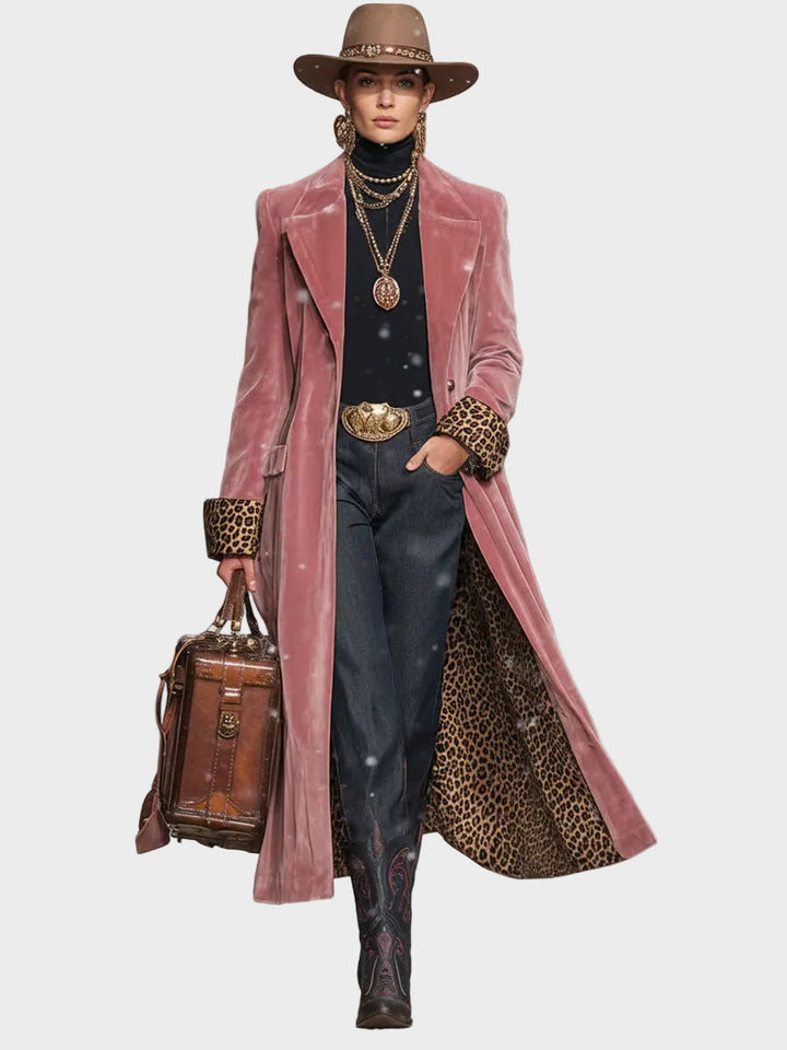 Emily & Isabella Brooks | Velvet Single-Breasted Coat with Lapel and Leopard Print